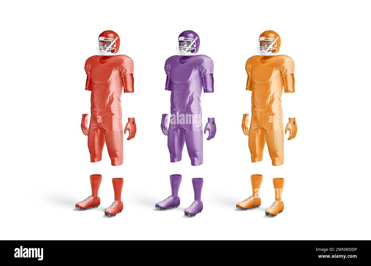 Blank colored american football uniform mockup, side view, 3d rendering. Empty purple, orange, red protection kit for soccer mock up, isolated. Clear Stock Photo