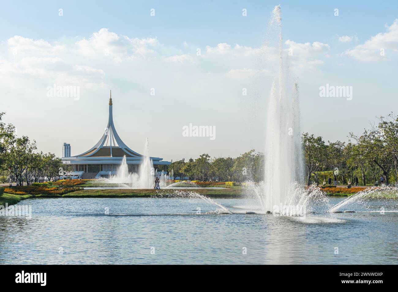 Bangkok, Thailand - December 21, 2023: fountains of Suan Luang Rama IX park. Stock Photo