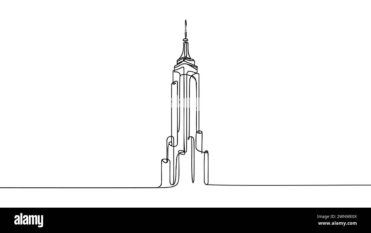 Continuous one line drawing of tall skyscraper buildings in big city. Business office building district hand drawn minimalist concept. Modern single l Stock Vector