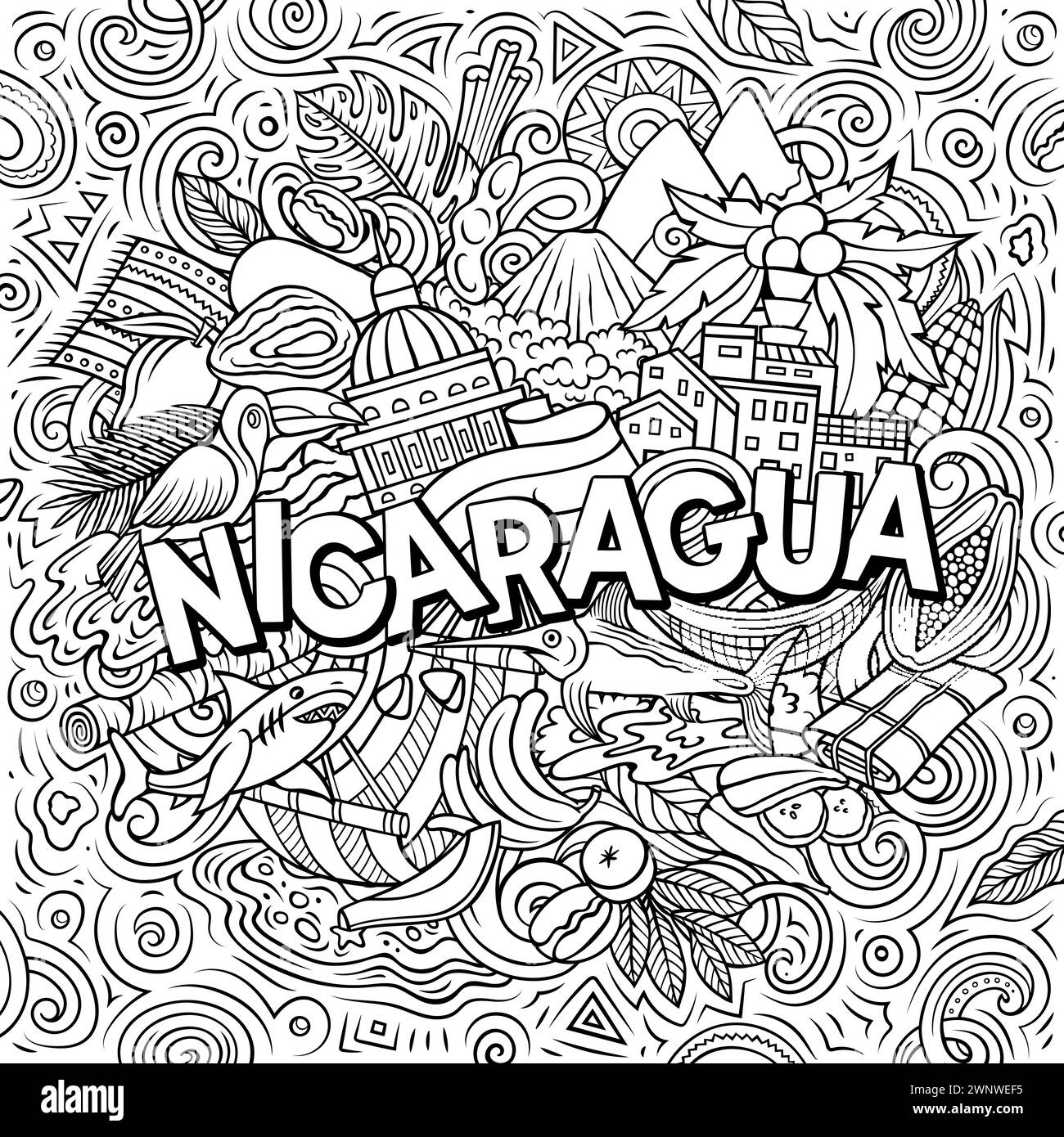 Vector funny doodle illustration with Nicaragua theme. Vibrant and eye ...