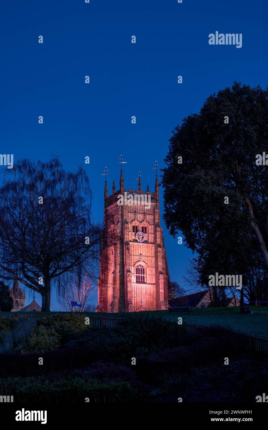 Evesham Bell Tower lit up in march at dawn. Evesham, Wychavon, Worchestershire, England Stock Photo