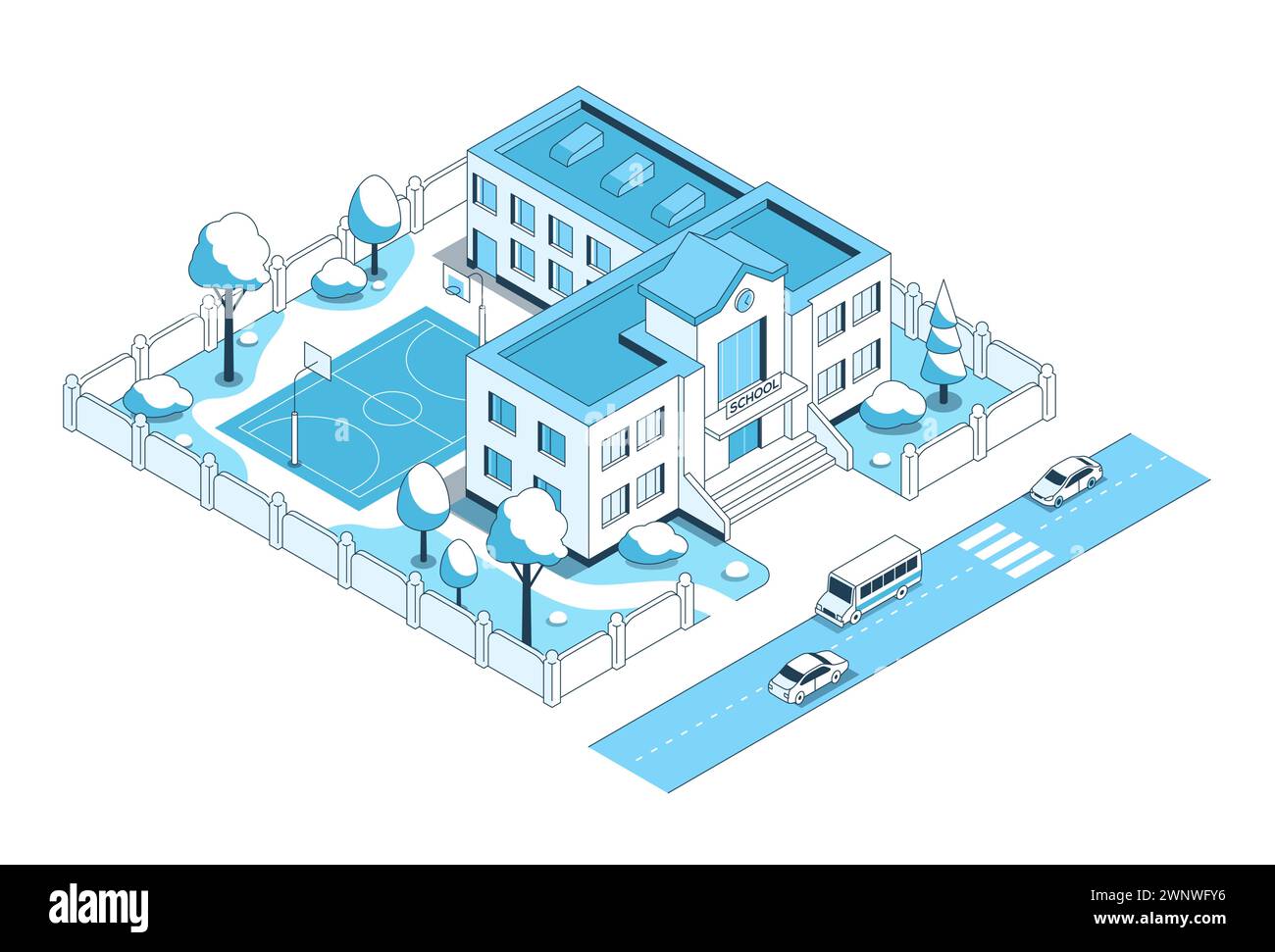 Primary school and basketball court - vector isometric illustration ...