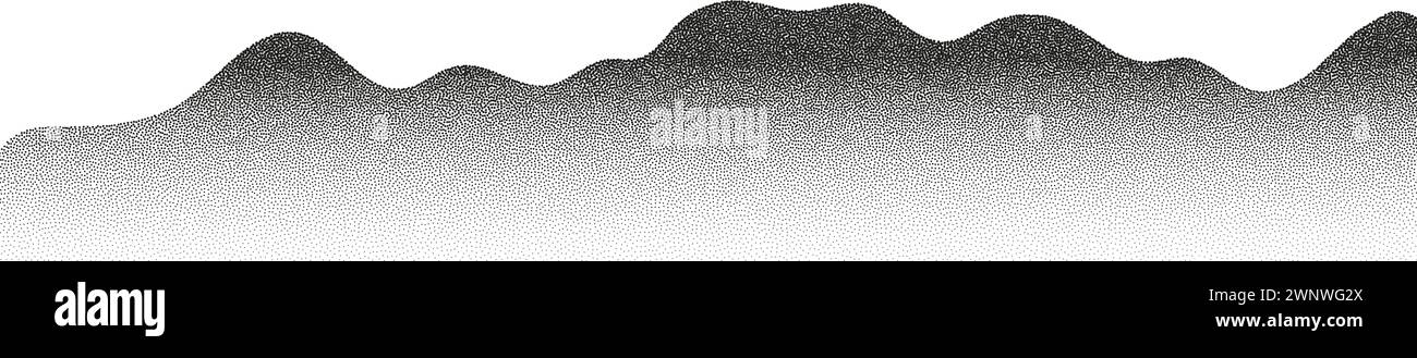 Black noise dots, a sand grain effect.Grayscale vector halftone dots background with a fading dot effect, resembling a abstract mountain landscape. Stock Vector
