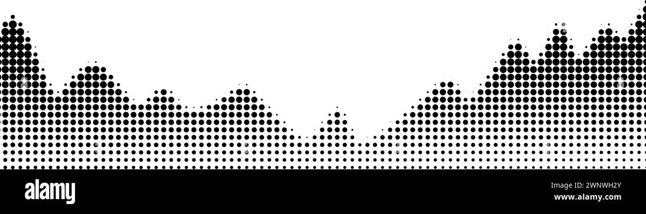 Black noise dots, a sand grain effect.Grayscale vector halftone dots background with a fading dot effect, resembling a abstract mountain landscape. Stock Vector