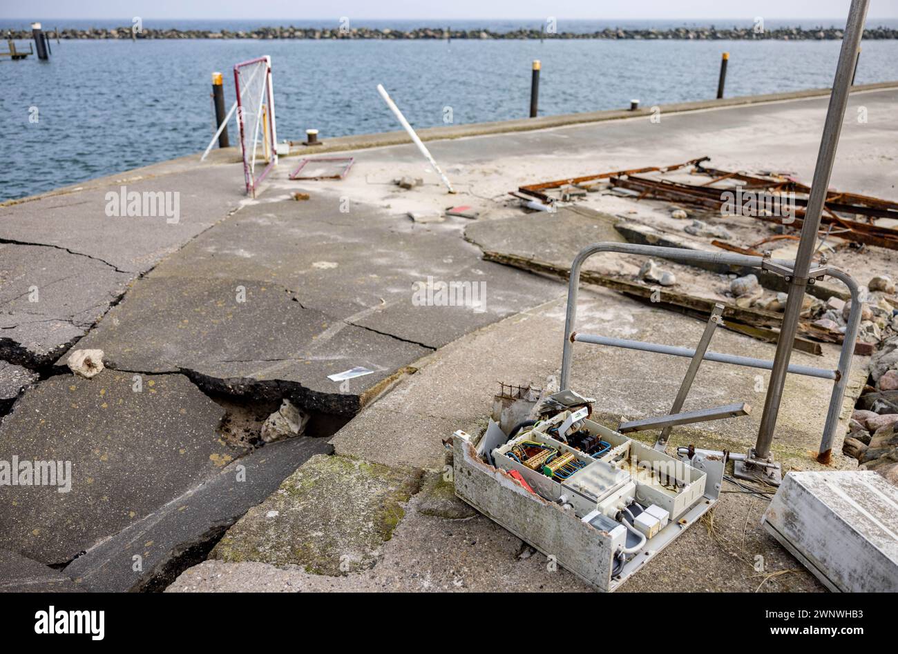 Damp, Germany. 04th Mar, 2024. Damaged port facility borders in Damp on the water. After the major Baltic storm surge in the fall of 2023, the ports will be prepared for operation again. Credit: Axel Heimken/dpa/Alamy Live News Stock Photo