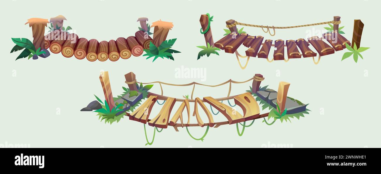 Hanging old bridge with rope, stones and green grass for game ui design. Cartoon vector illustration set of wooden suspension dangerous risky footbridge straining over abyss at edge of cliff. Stock Vector