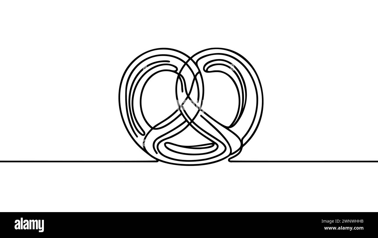 One continuous line drawing of pretzel for logo. Hand drawn line art doodle German street food salty snack bread, simple black sketch bakery concept. Stock Vector