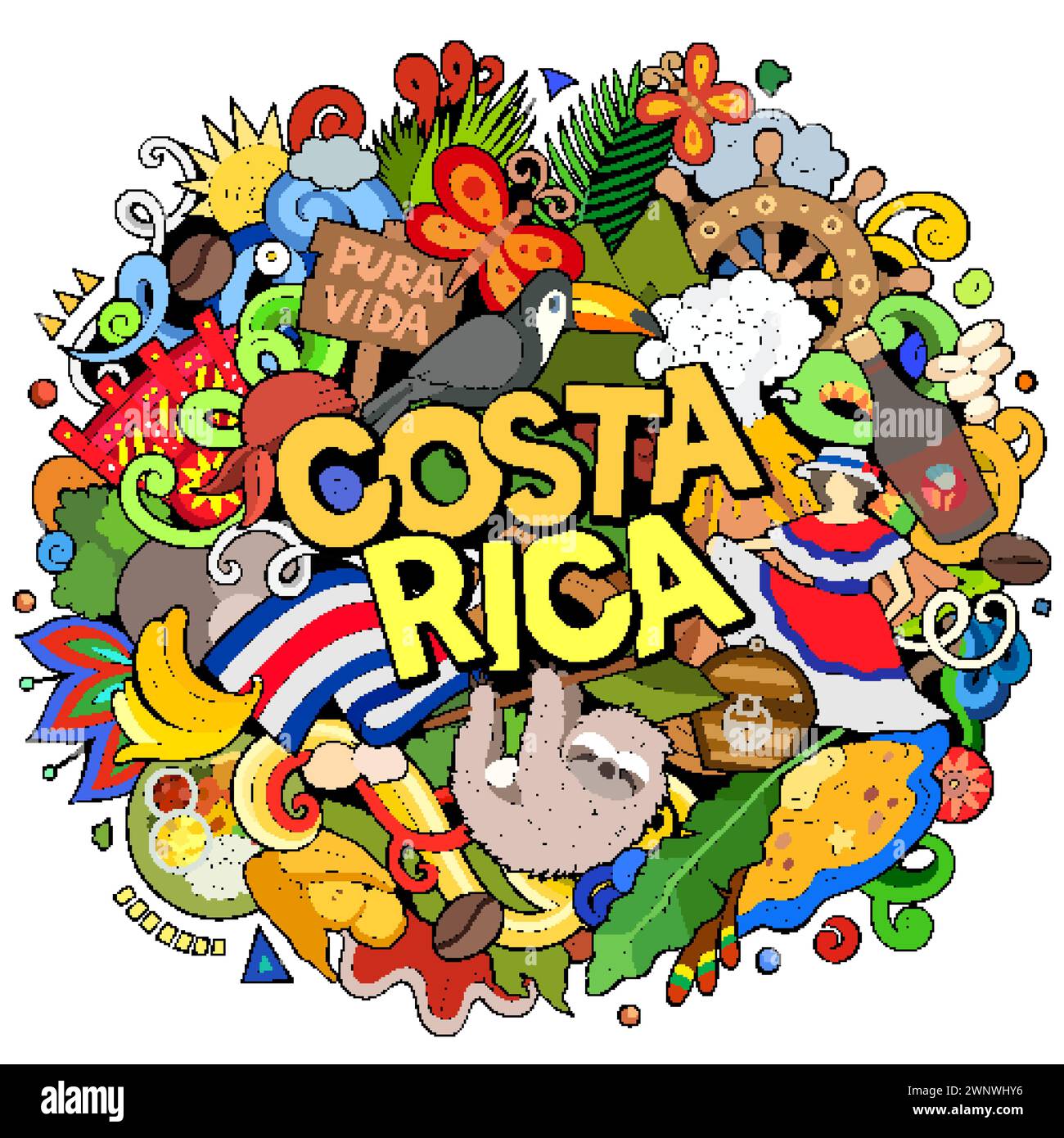 Vector funny doodle illustration with Costa Rica theme. Vibrant and eye-catching design, capturing the essence of Central America culture and traditio Stock Vector