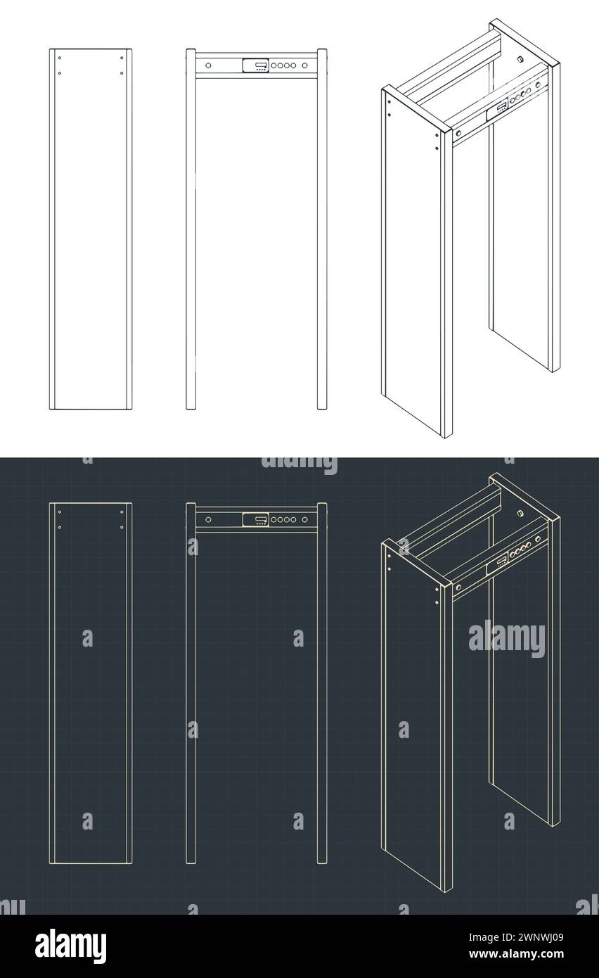 Stylized vector illustrations of blueprints of archway metal detector Stock Vector