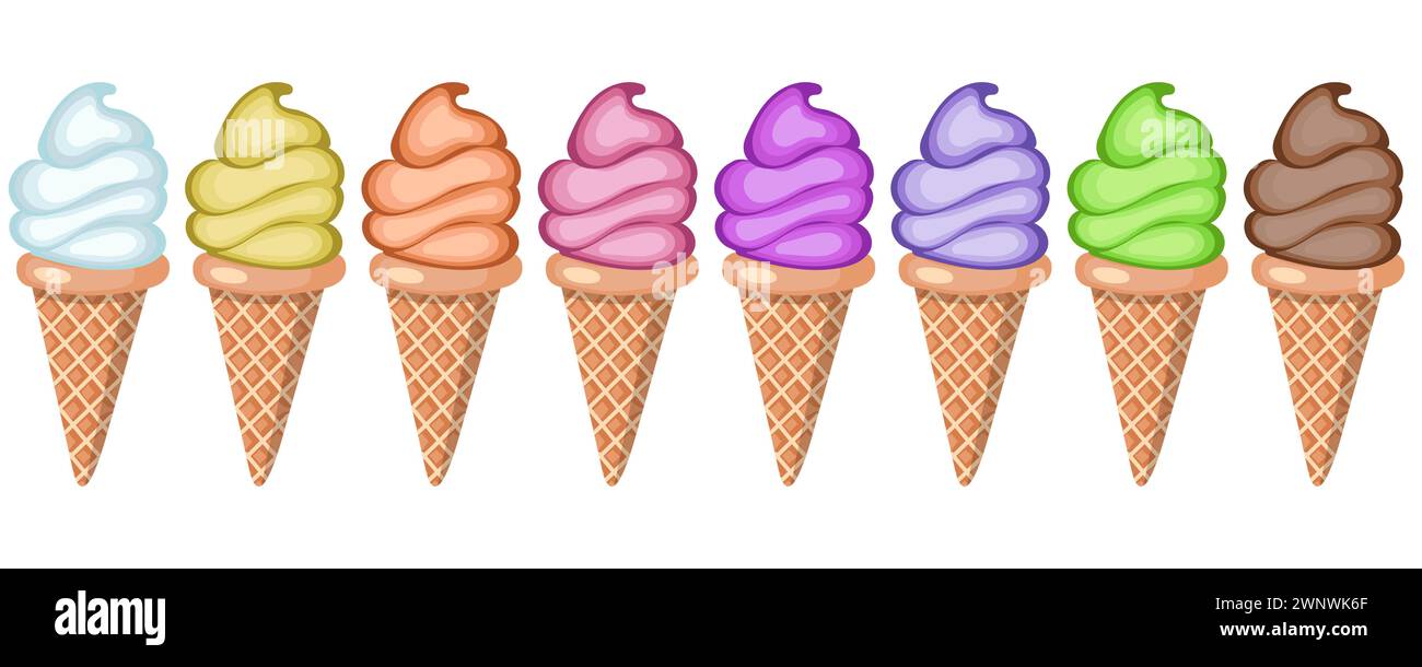 A set of ice cream with different flavors in waffle cones. Vector ...