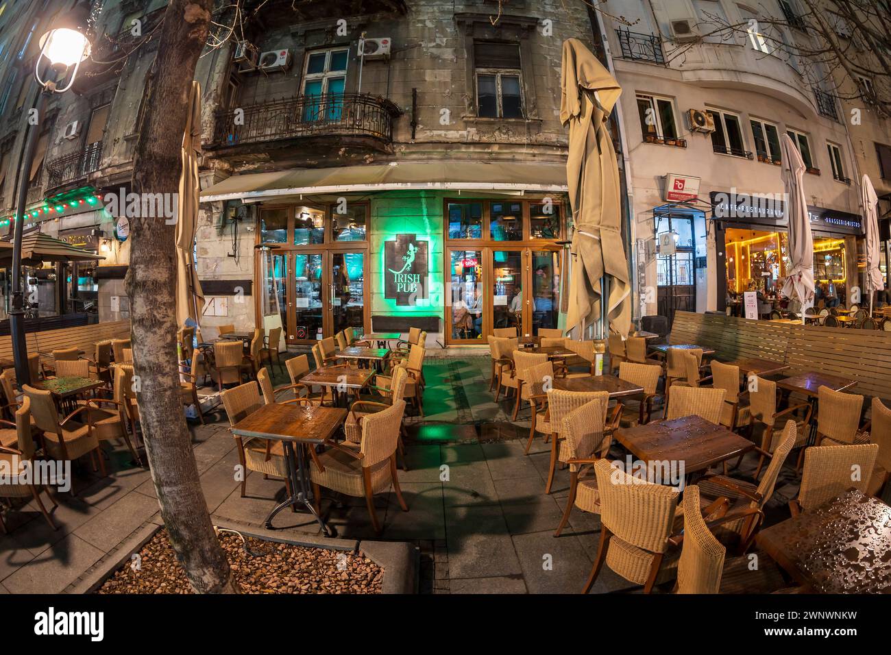 BELGRADE, SERBIA - MARCH 4, 2020: Night view with terraces and restaurants on the Obilicev Venac in Stari Grad, Grad Beograd. Stock Photo