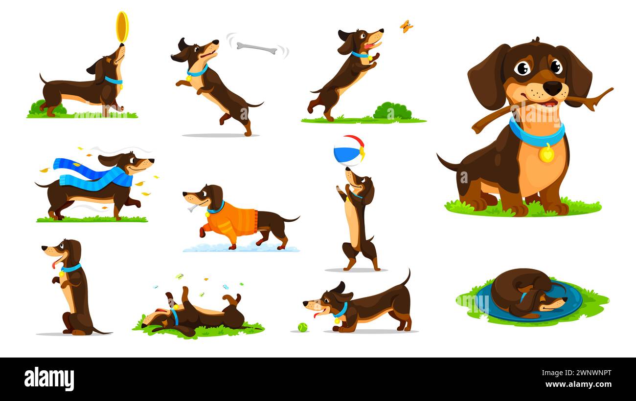 Cartoon dachshund dog puppy characters activities and fun. Vector doggy personage playing outdoors with a ball, branch and flying plate, catching bone and chase butterflies, wearing clothes or sleep Stock Vector