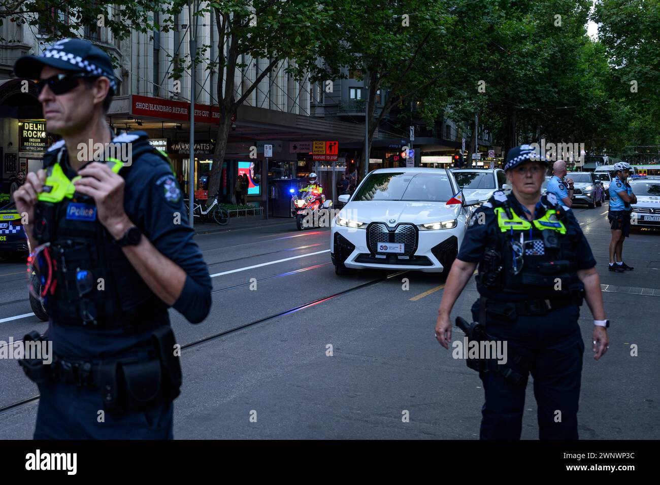 Melbourne, Australia. 04th Mar, 2024. The official vehicles of Philippines' President Marcos Jr. arrive at the venue. Filipinos protested Philippines President Marcos Jr.'s Australian visit. Marcos Jr. was scheduled to meet with the Filipino community at Melbourne Town Hall, while the protesters demonstrated outside. Credit: SOPA Images Limited/Alamy Live News Stock Photo
