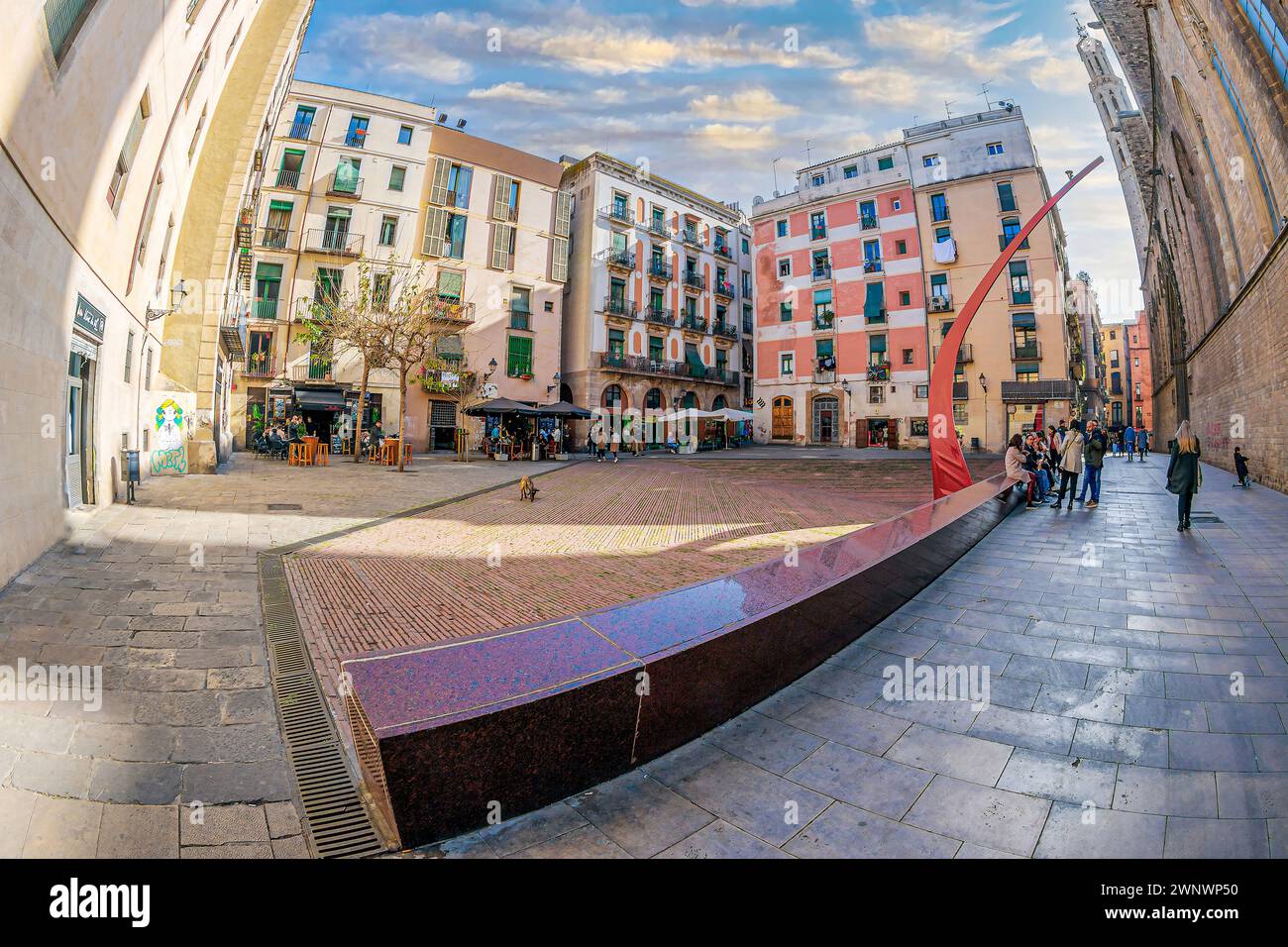 BARCELONA, SPAIN - FEB. 27, 2022: Plaza Fossar de les Moreres, a memorial square with a monument, a flame and the engraved poem by Frederic Soler, in Stock Photo