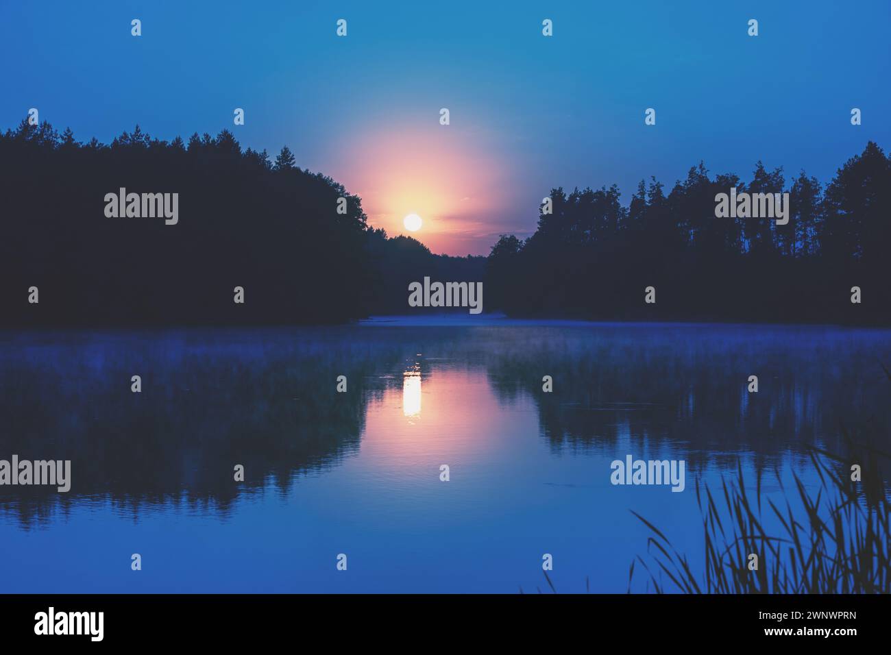 Magical dawn over the lake. Serene lake in the early morning. Nature ...
