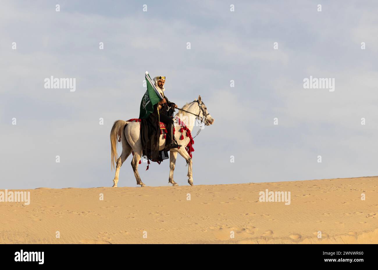 Rider, in traditional clothing, carrying a flag of Saudi Arabia on a white horse in a desert Stock Photo