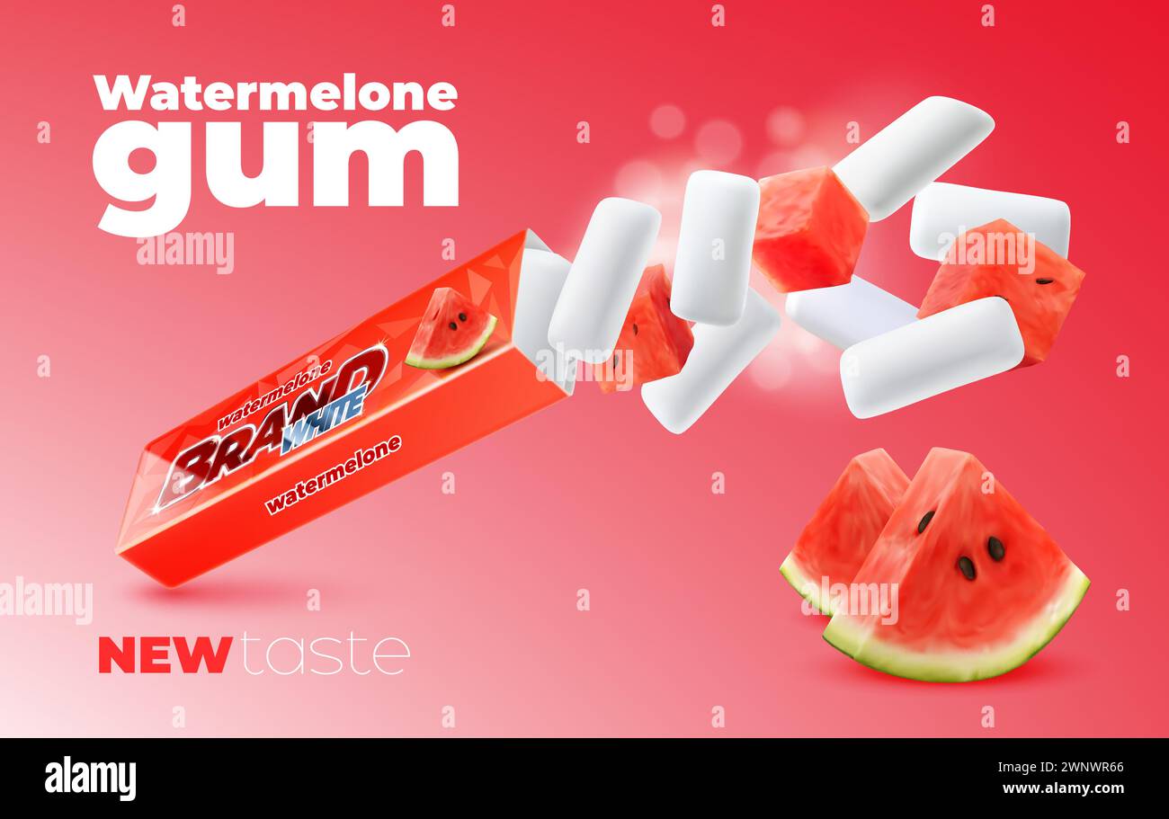 Realistic watermelon chewing gum, vector advertising promo banner with