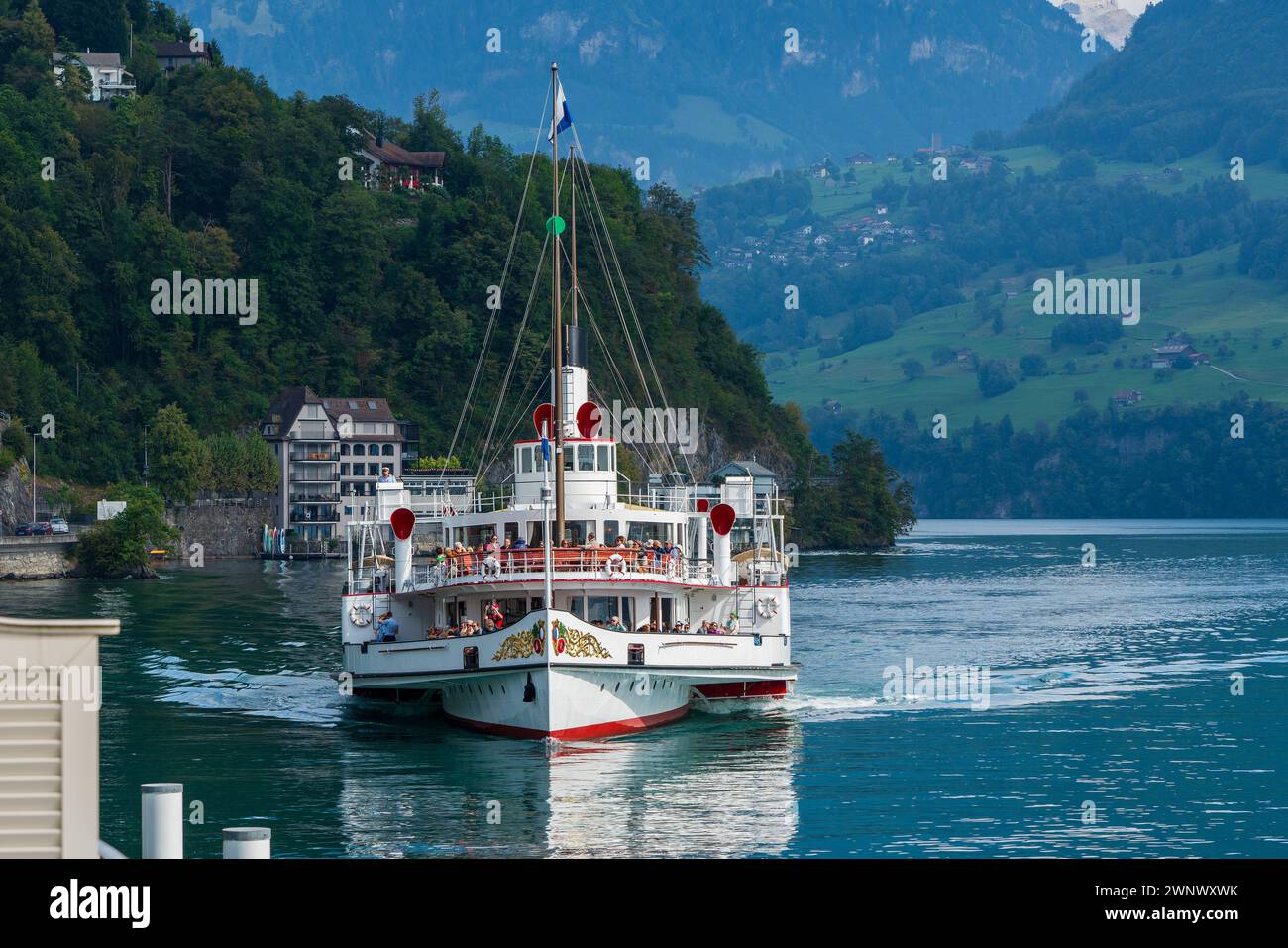 Old steamship on Lake Lucerne in Switzerland. Stock Photo