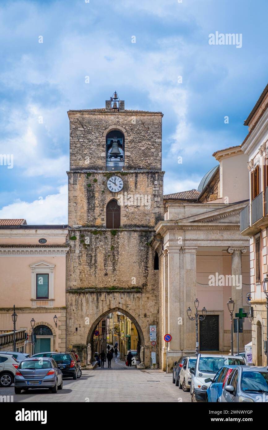 The bell tower of the Cathedral of St. Peter Apostle with Arch ofi St. Peter. Isernia, Molise, Italy, Europe. Stock Photo