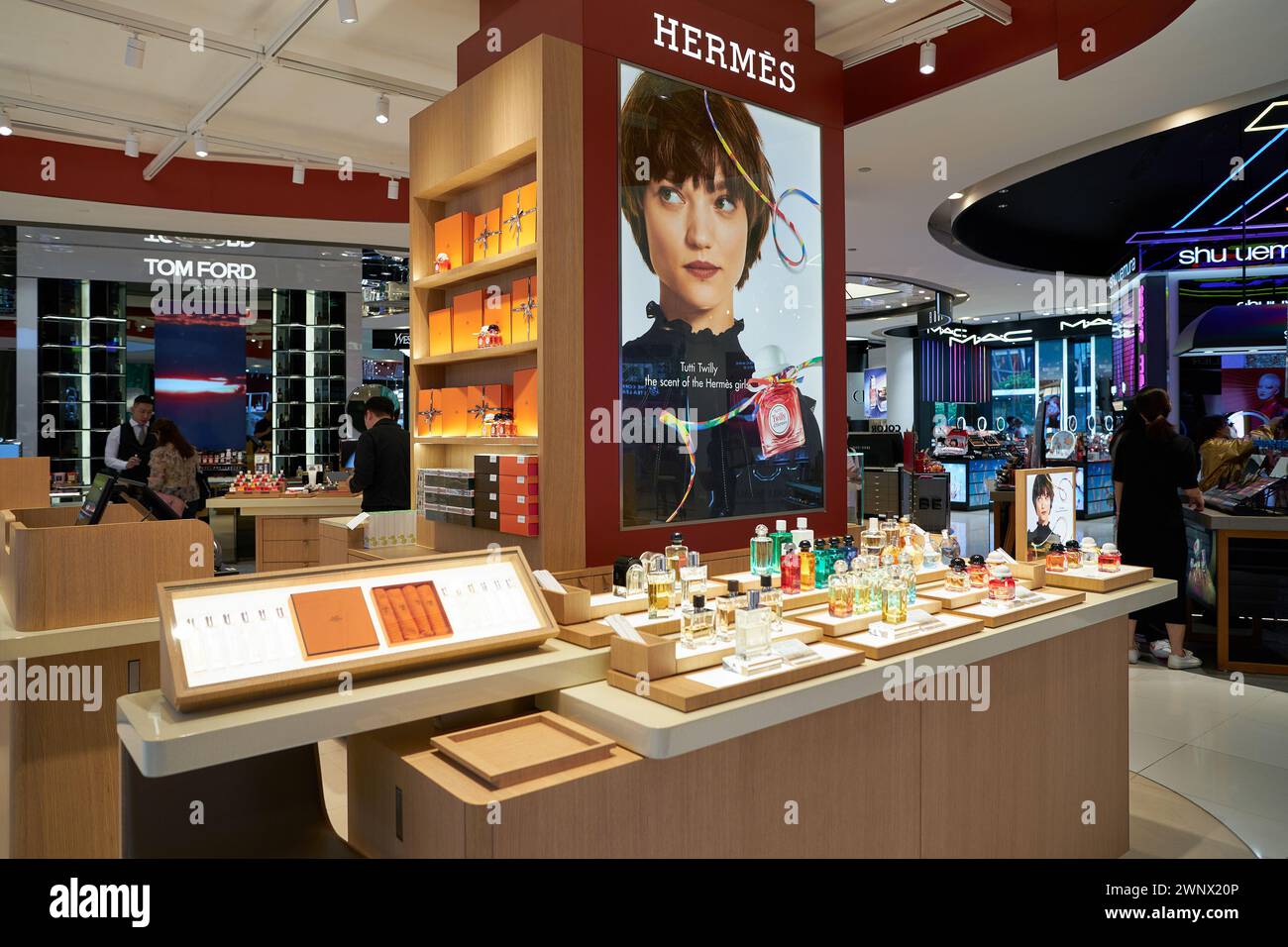 SINGAPORE - NOVEMBER 06, 2023: Hermes perfumes displayed inside Tang Plaza in Singapore. Stock Photo