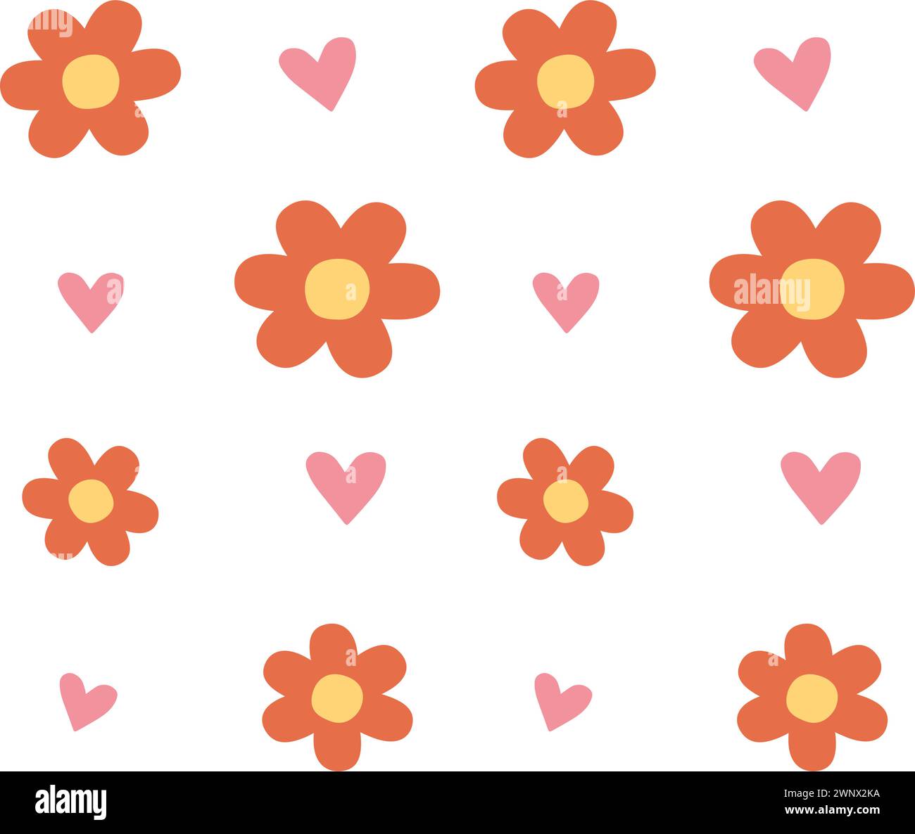 Vector seamless pattern of hand drawn flat flowers and hearts isolated ...