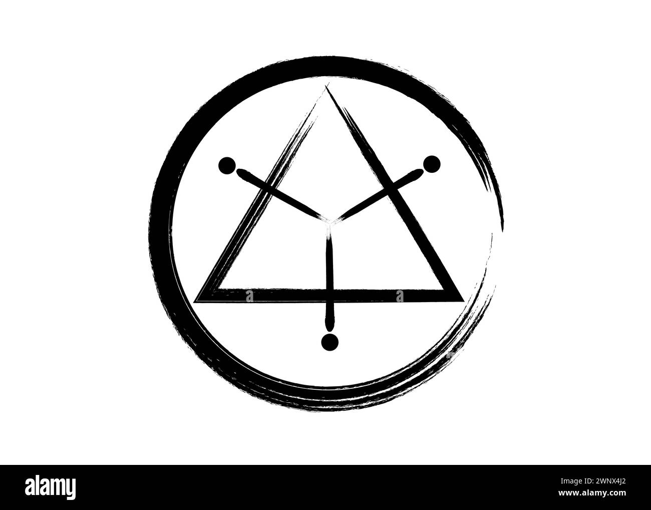 sacred geometrical figure of a circle inscribed in a triangle, the vector logo tattoo mythological symbol round triangle, grunge paint brush style Stock Vector