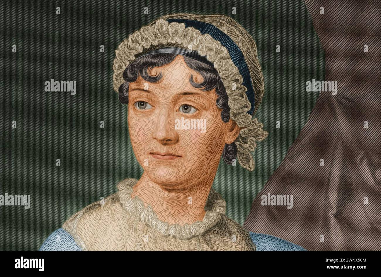 JANE AUSTEN (1775-1817) English novelist in an imager based on a memoir of her life published in 1871 and in turn based on  an earlier sketch Stock Photo