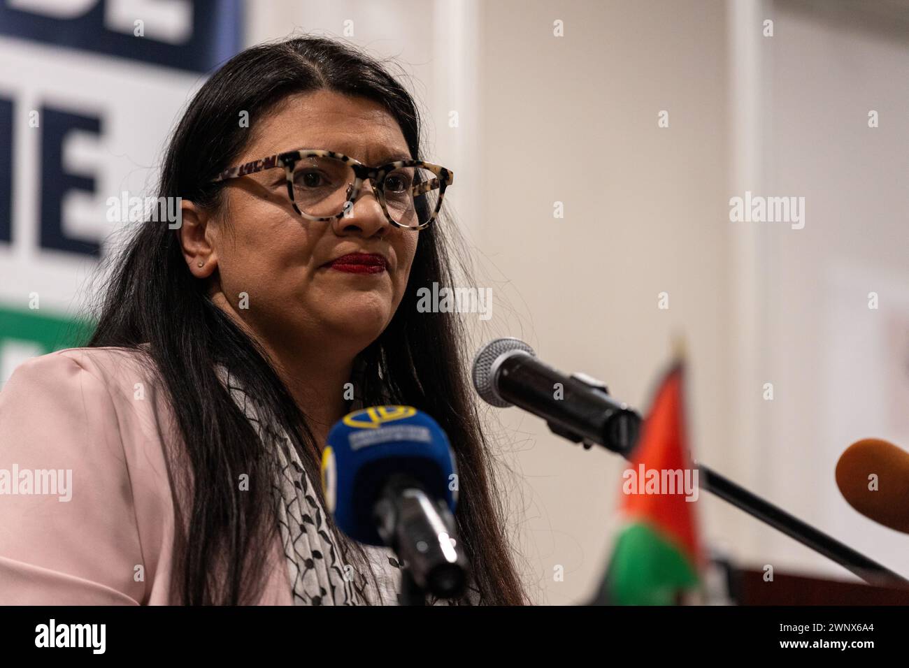 Rep. Rashida Tlaib speaks in Dearborn, Michigan on Sunday, February 25