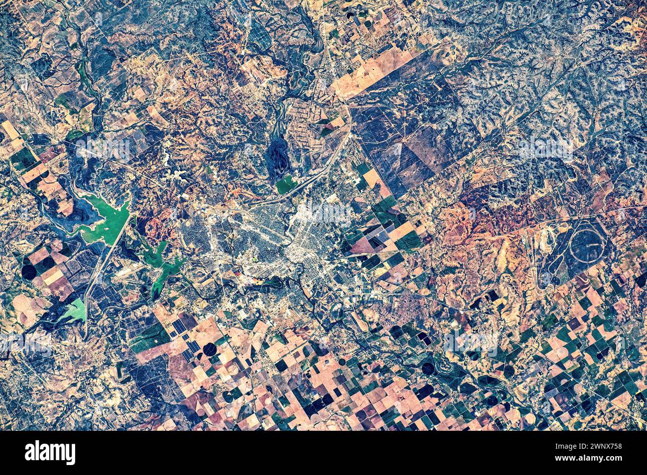 Urban settlement close to Austin, Texas. Digital enhancement of an image by NASA Stock Photo