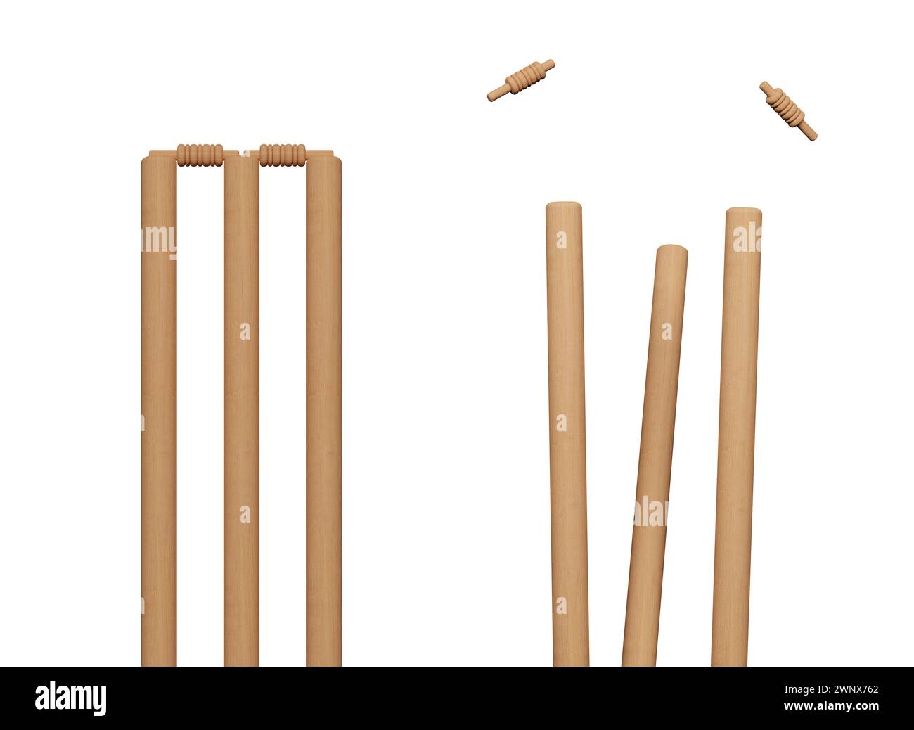 Cricket ball hitting wicket stumps knocking bails out against blue sky background. Bails fly from cricket stumps as ball hits on grass field. Close-up Stock Photo