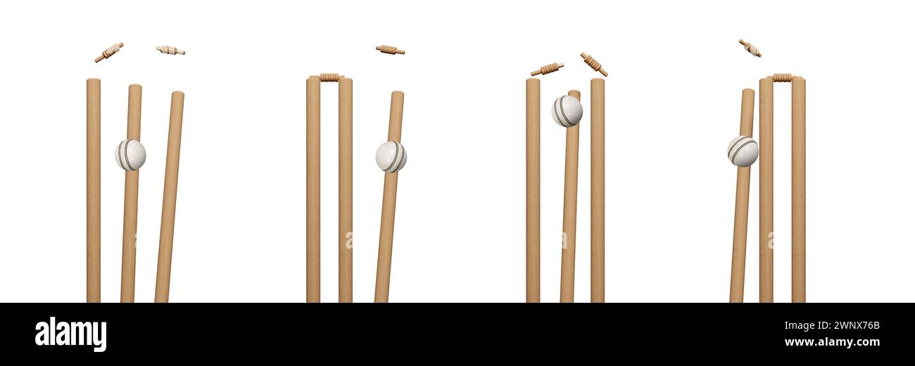 Cricket ball hitting wicket stumps knocking bails out against blue sky background. Bails fly from cricket stumps as ball hits on grass field. Close-up Stock Photo