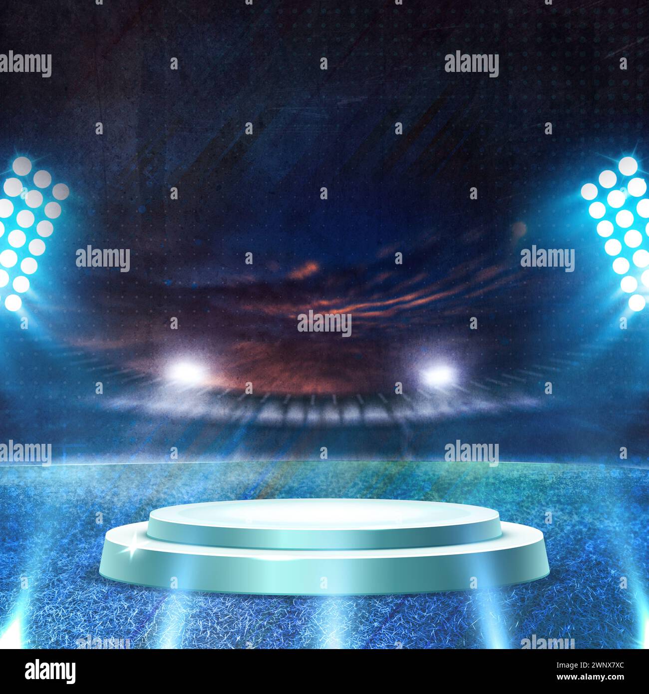 Cricket template for social media posts. Cricket background with stadium lights, gallery and field. Readymade background for sports social media. vs Stock Photo
