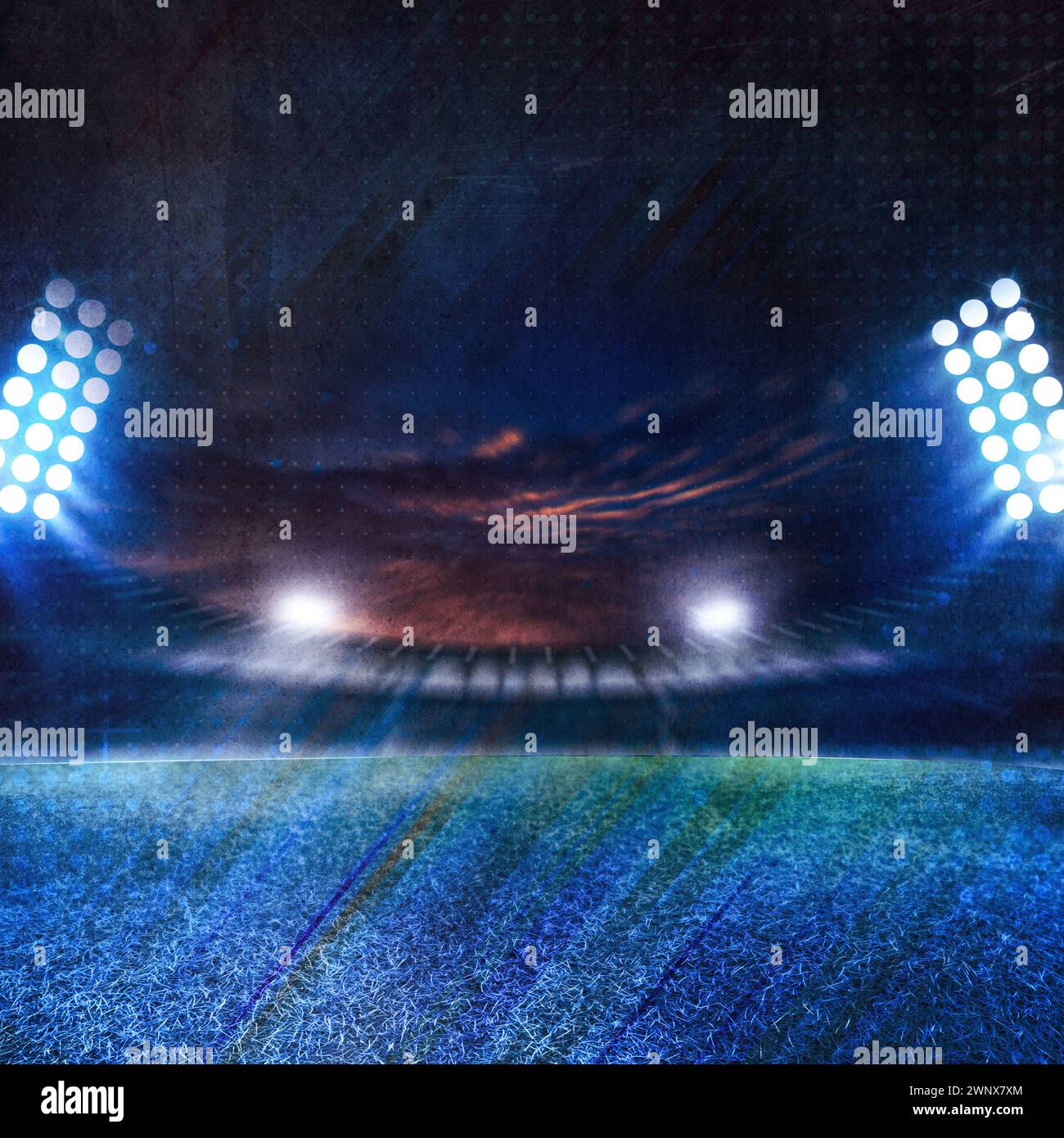 Cricket template for social media posts. Cricket background with stadium lights, gallery and field. Readymade background for sports social media. vs Stock Photo