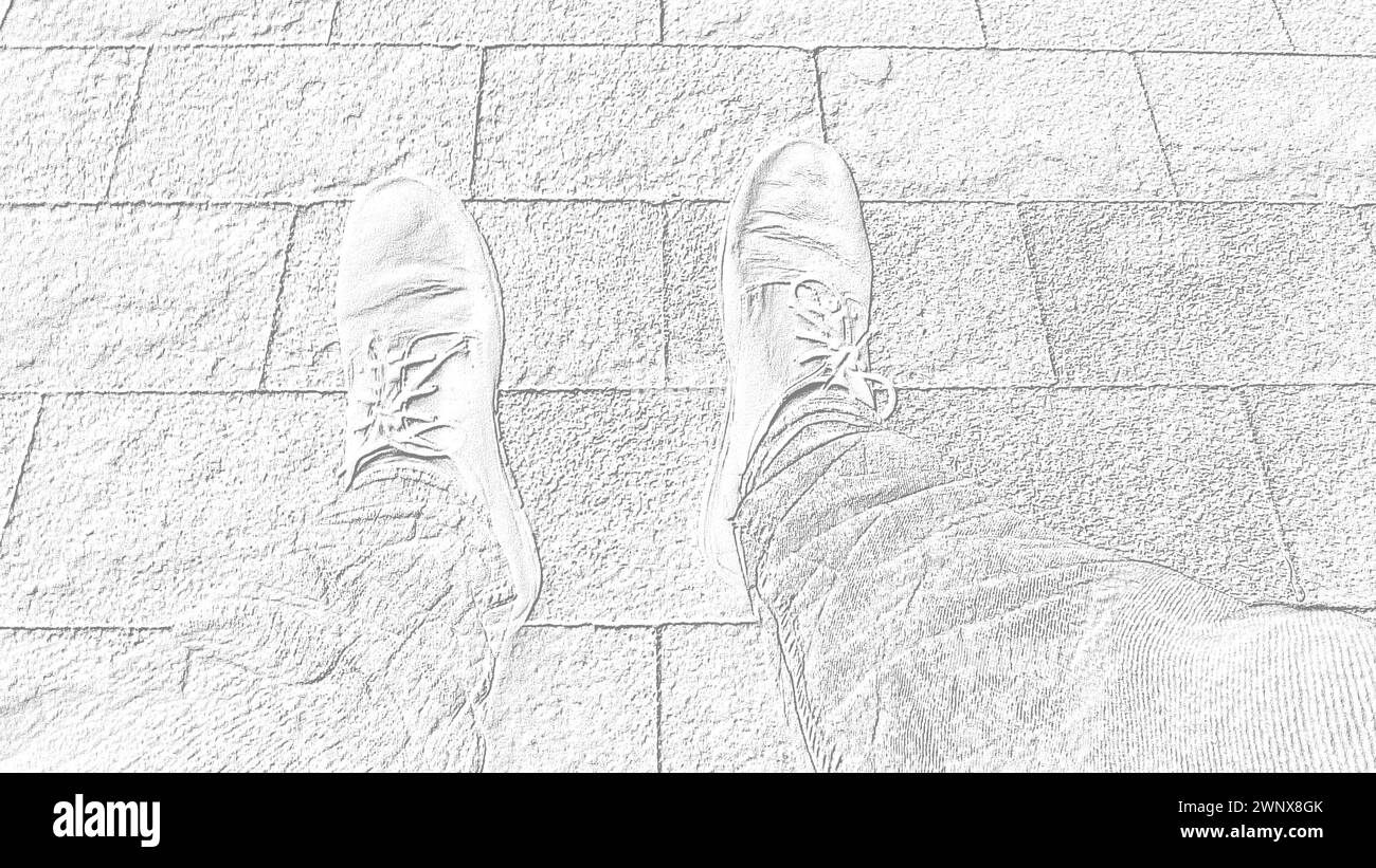 Monochrome white and gray image. Feet in boots against the background