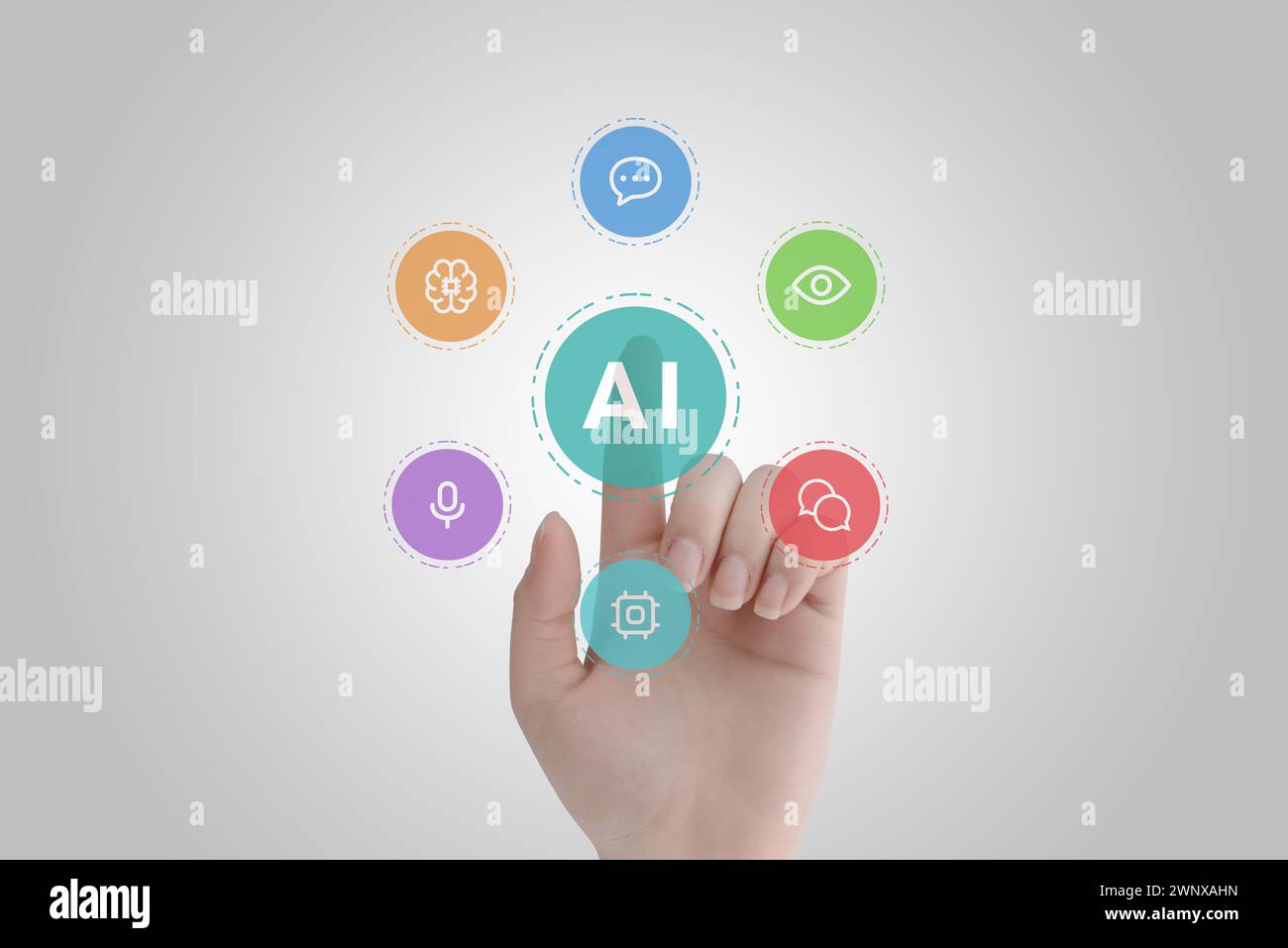 Hand touches levitating AI icons:. Concept of development of AI technology with human touch. Icons represent language processing, vision, machine lear Stock Photo