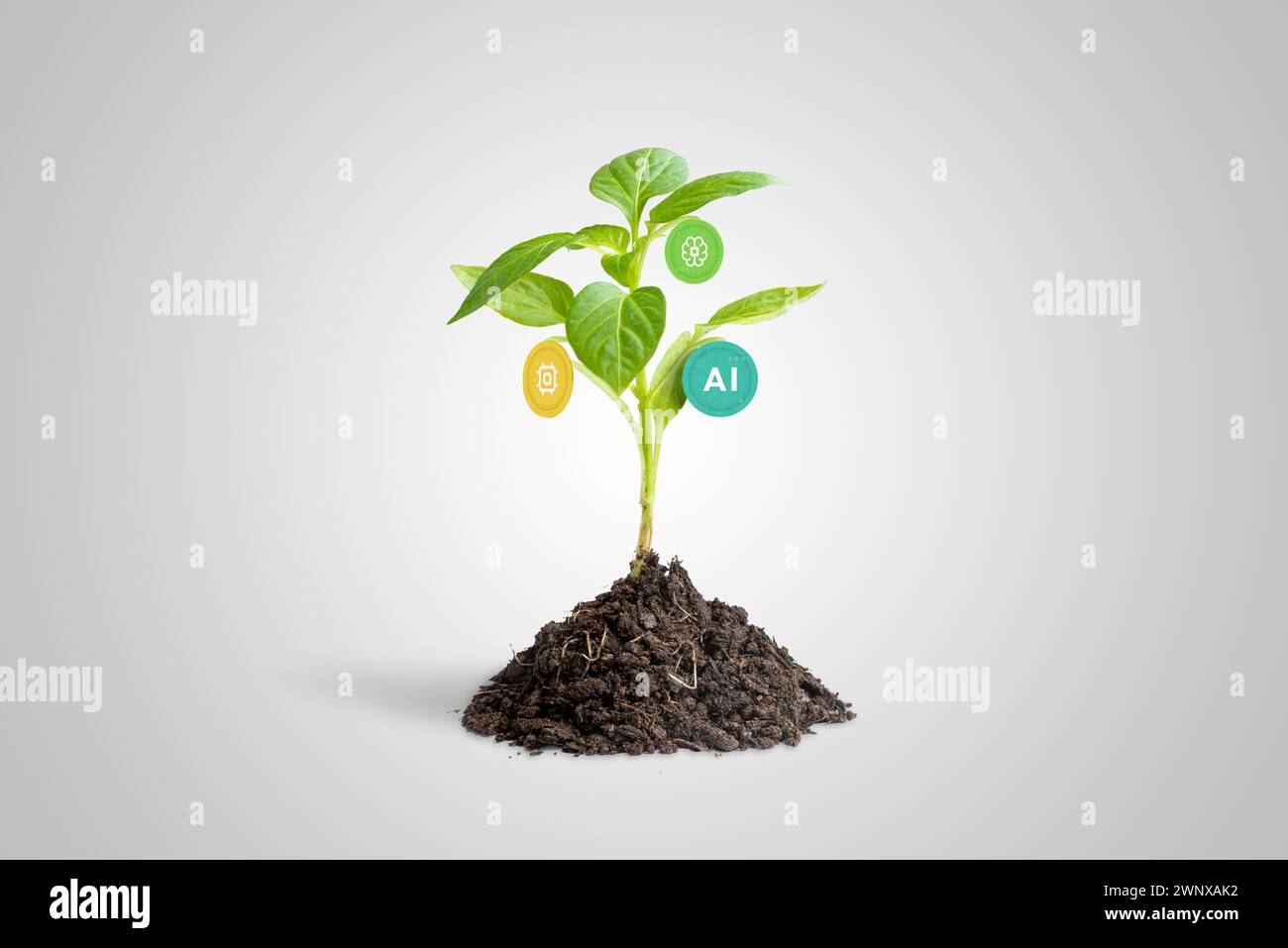 Growing AI industry. Plant with AI icons as fruits, symbolizing the evolution of ai with machine learning advancements Stock Photo