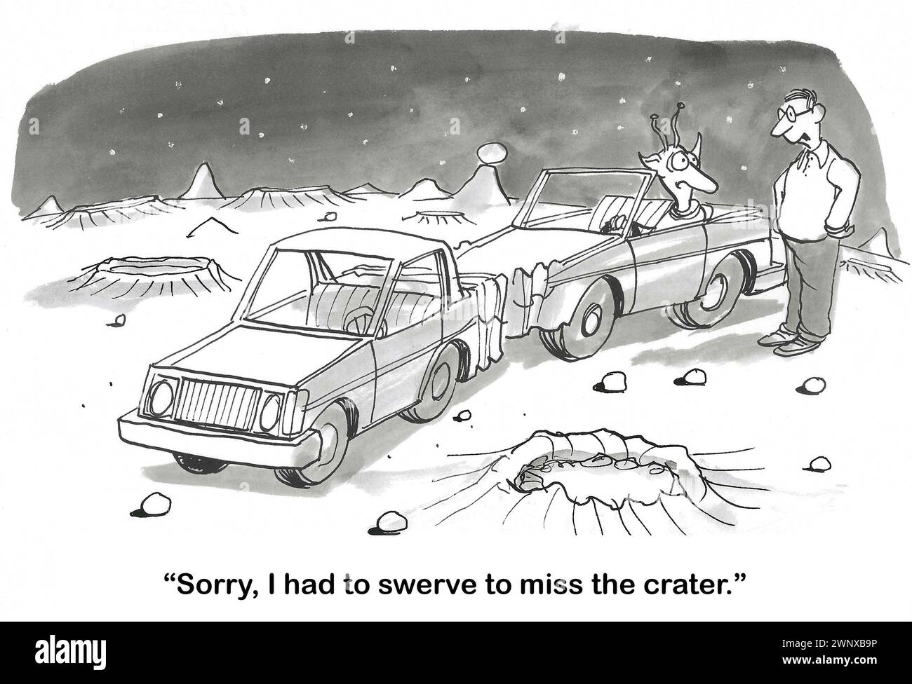 BW cartoon of a man talking to an alien - they've had a traffic accident on Mars avoiding a crater. Stock Photo
