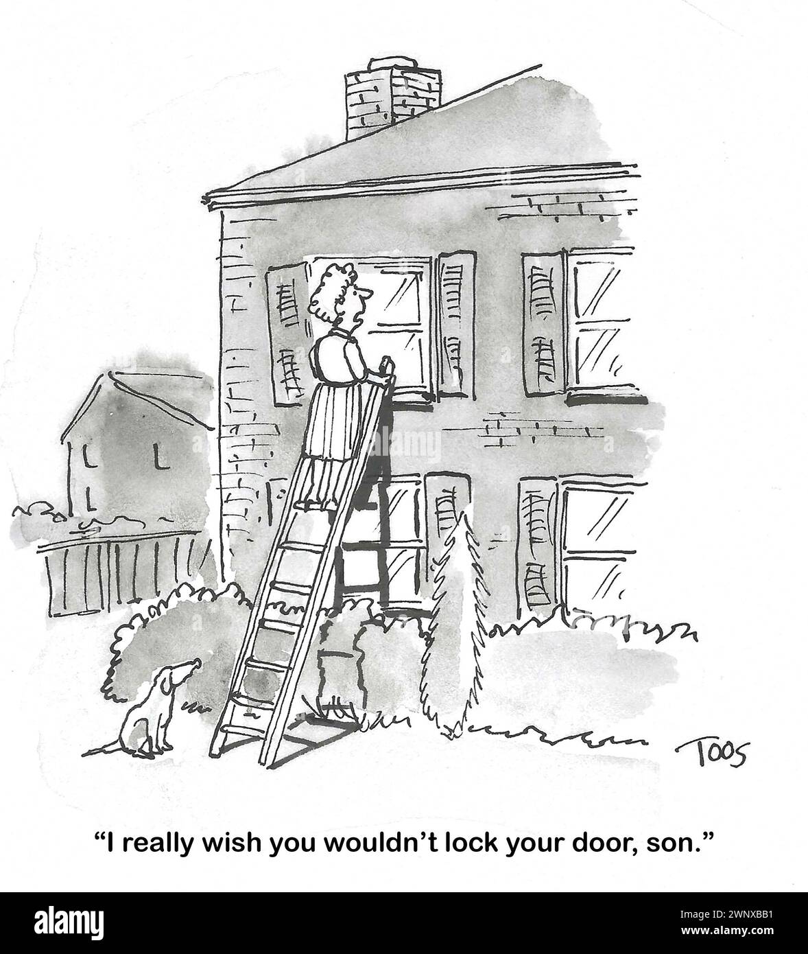 BW cartoon of a Mother climbing a ladder up to her son's 2nd floor window and saying please do not lock your door. Stock Photo