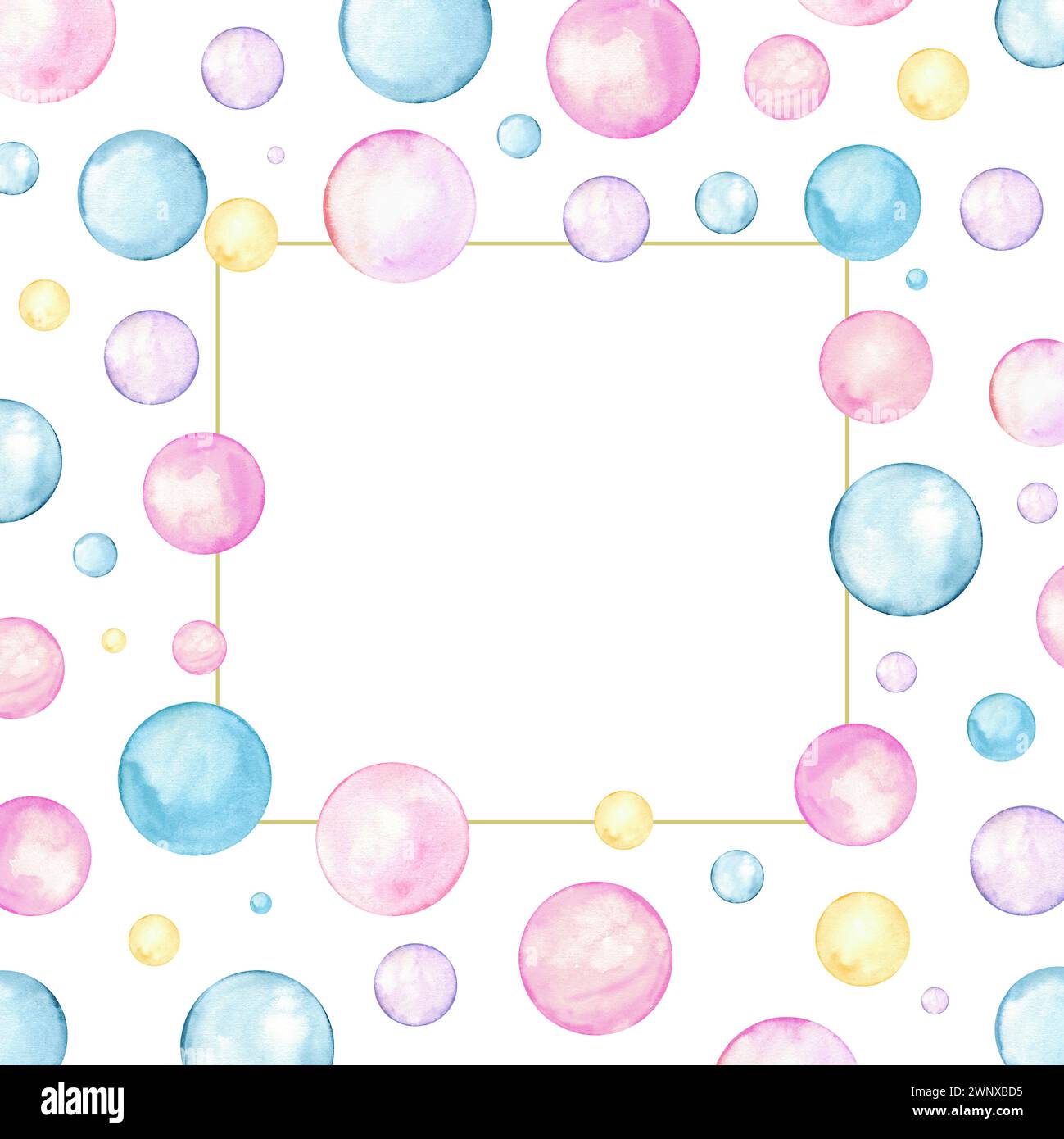 Geometric watercolor frame with copy space for text. Pink, blue, yellow polka dots. Circle, confetti. Splashes, bubbles, round doodle spots. Stock Photo