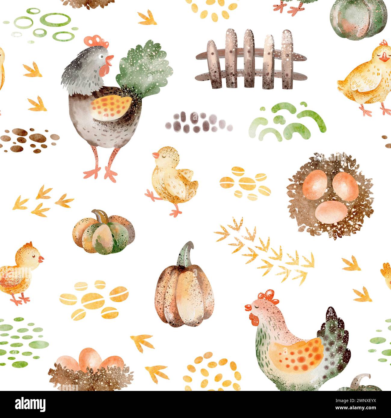 Watercolor seamless pattern farm. Stock Photo