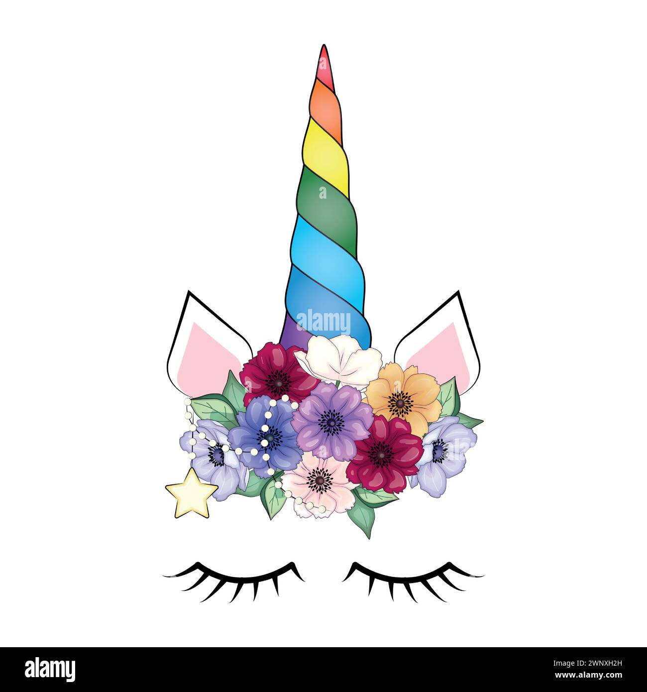 Cute unicorn head with flower crown Stock Vector