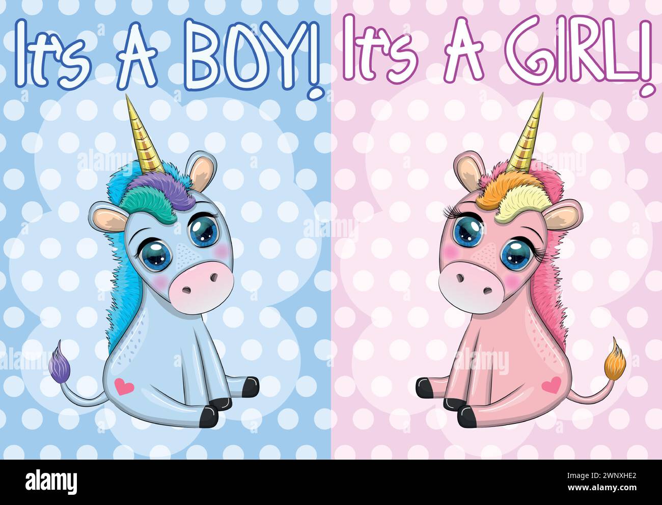 Boy and girl. Pink and blue unicorn. Children's invitation card ...