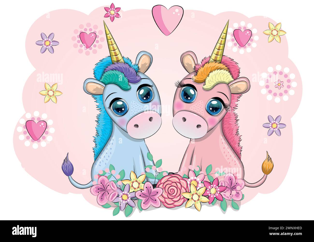 Boy and girl, pink and blue unicorns with heart, Valentine's day ...