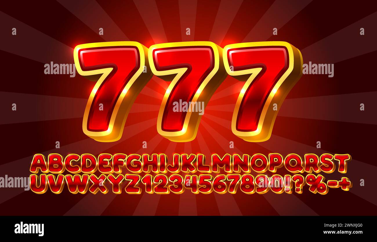 Casino golden font, color red. English alphabet and numbers sign ...