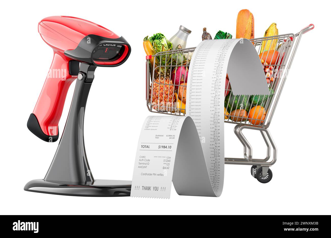Shopping cart full of products with printed receipt and bar code reader ...