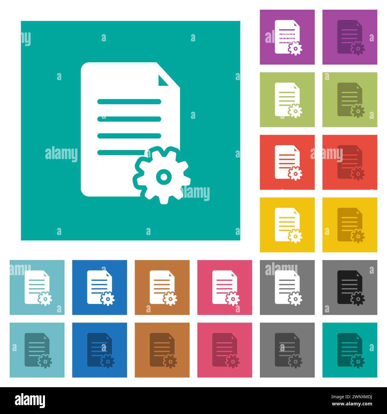 Document settings solid multi colored flat icons on plain square backgrounds. Included white and darker icon variations for hover or active effects. Stock Vector