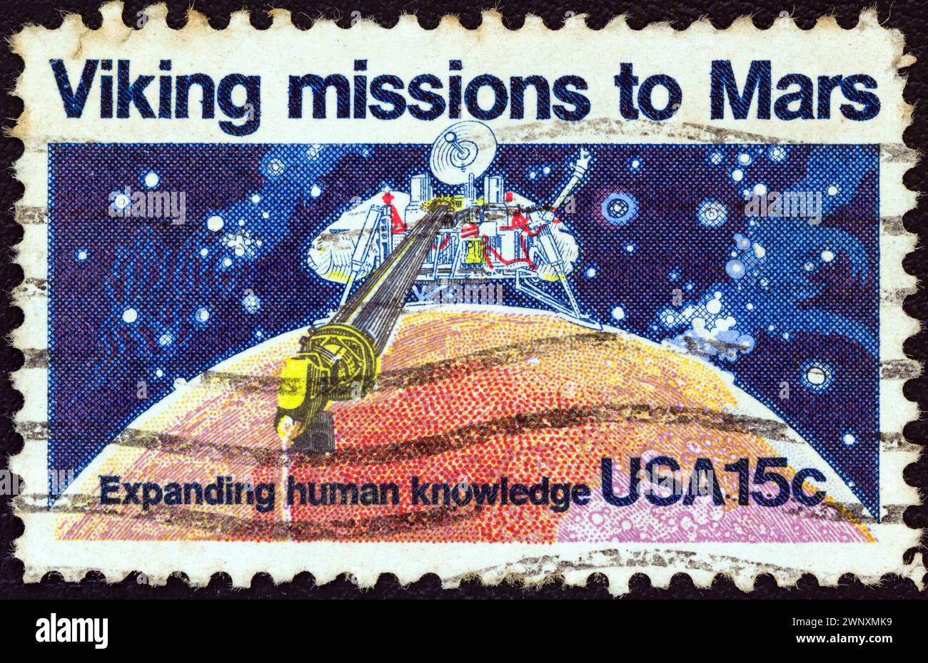 USA - CIRCA 1978: A stamp printed in USA issued for the 2nd anniversary of Viking 1 landing on Mars shows Viking 1 lander scooping soil from Mars Stock Photo