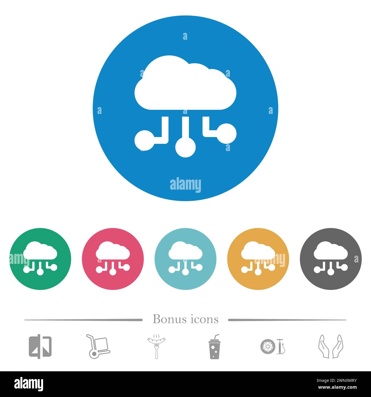 Cloud connections solid flat white icons on round color backgrounds. 6 ...