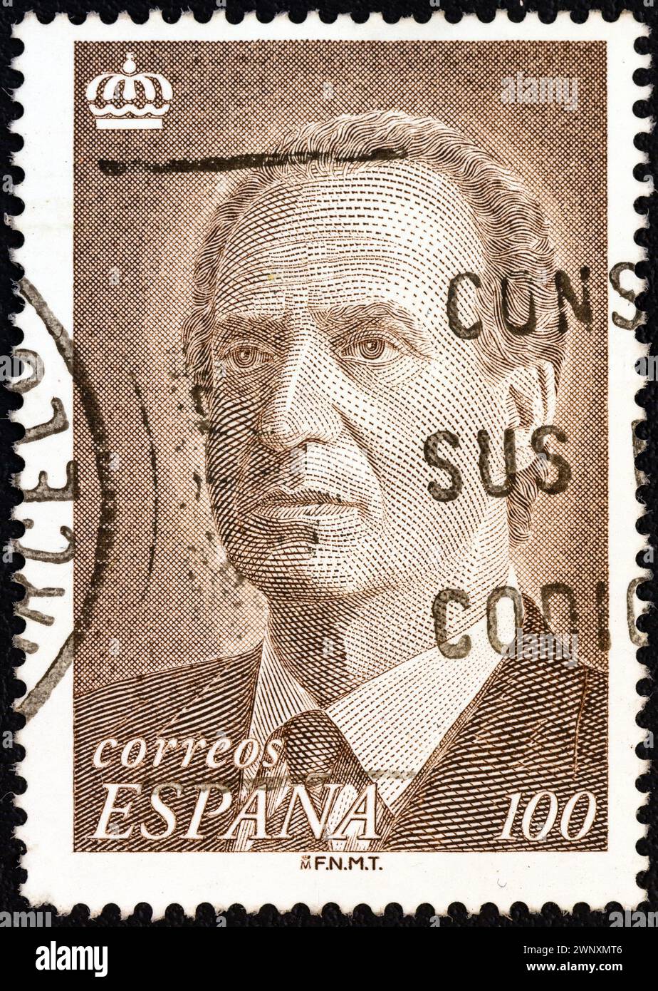 SPAIN - CIRCA 1996: A stamp printed in Spain shows a portrait of King Juan Carlos I Stock Photo