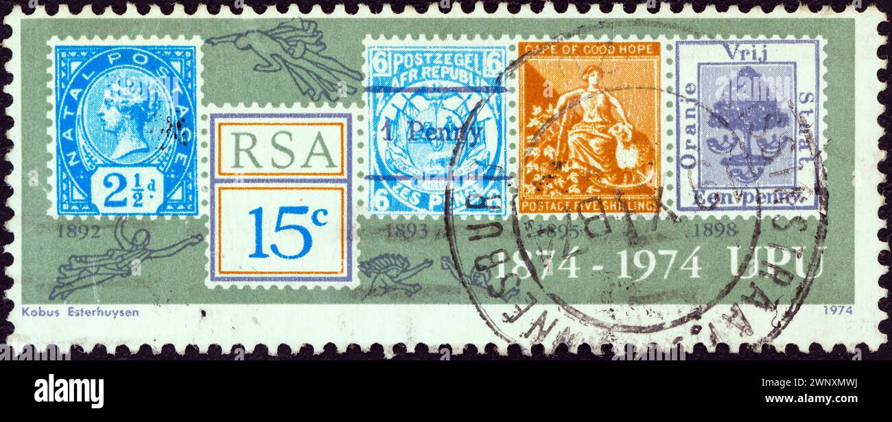 SOUTH AFRICA - CIRCA 1974: A stamp printed in South Africa issued for the centenary of Universal Postal Union shows five older stamps Stock Photo